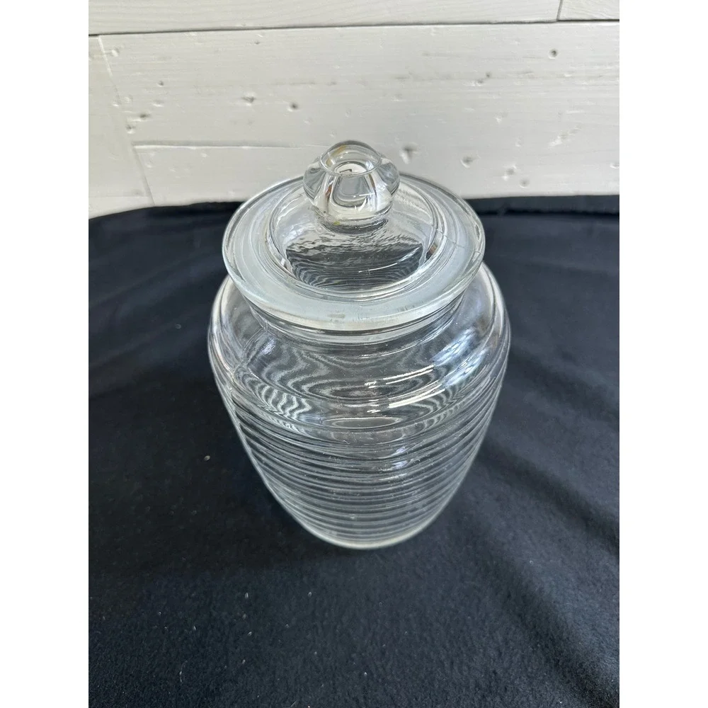 Vintage Clear Ribbed Glass Apothecary Jar Beehive Storage Canister with Lid